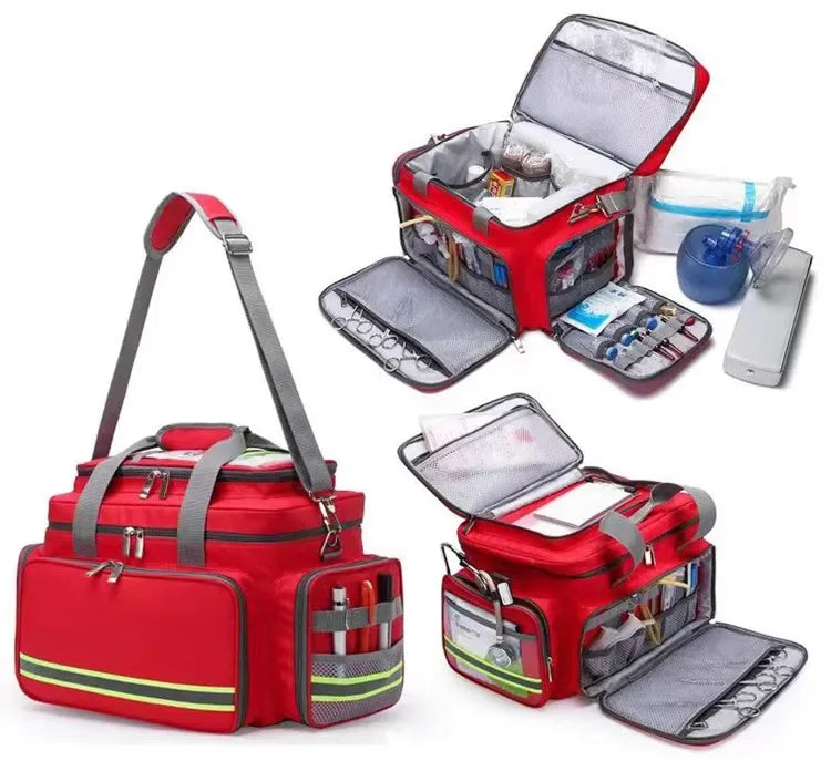 Red Nylon Trolley Emergency Backpack For Doctor Wheeled First Aid Kit Bag Rolling Earthquake Survival Hospital Medical Soft Case