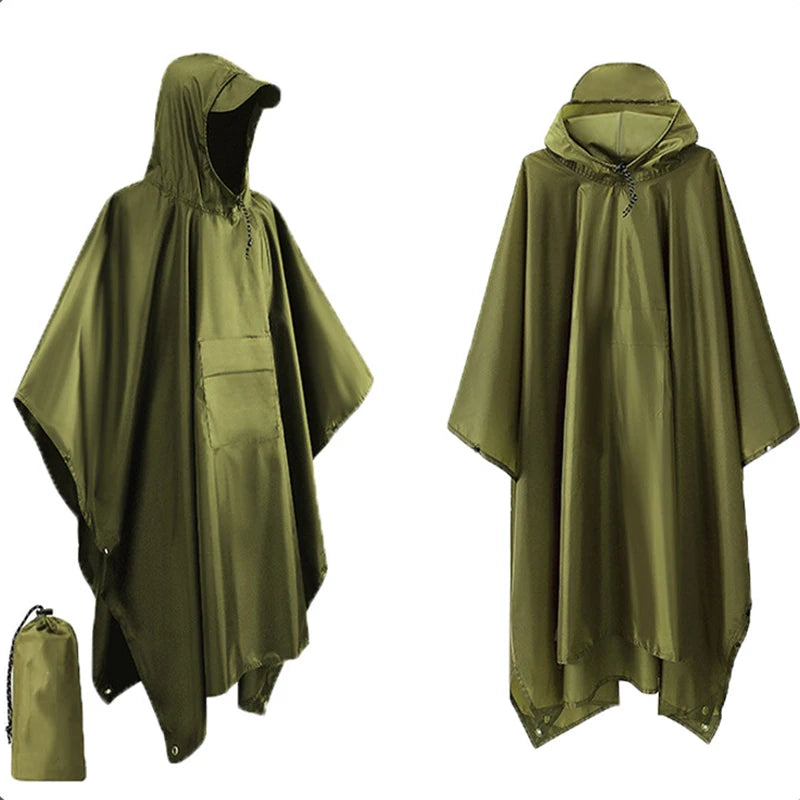 Outdoor 3 In 1 Military Raincoat Hooded Sleeve Waterproof Rain Poncho Motorcycle Rain Cover Camping Hiking Travel Rainwear Tent