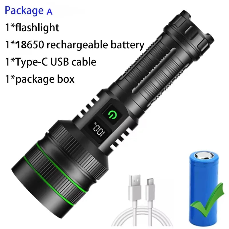 20000000LM Most Powerful LED Flashlight Rechargeable Type-c Flashlight Long Range 2000M Tactical Torch Light For Fishing Hunting