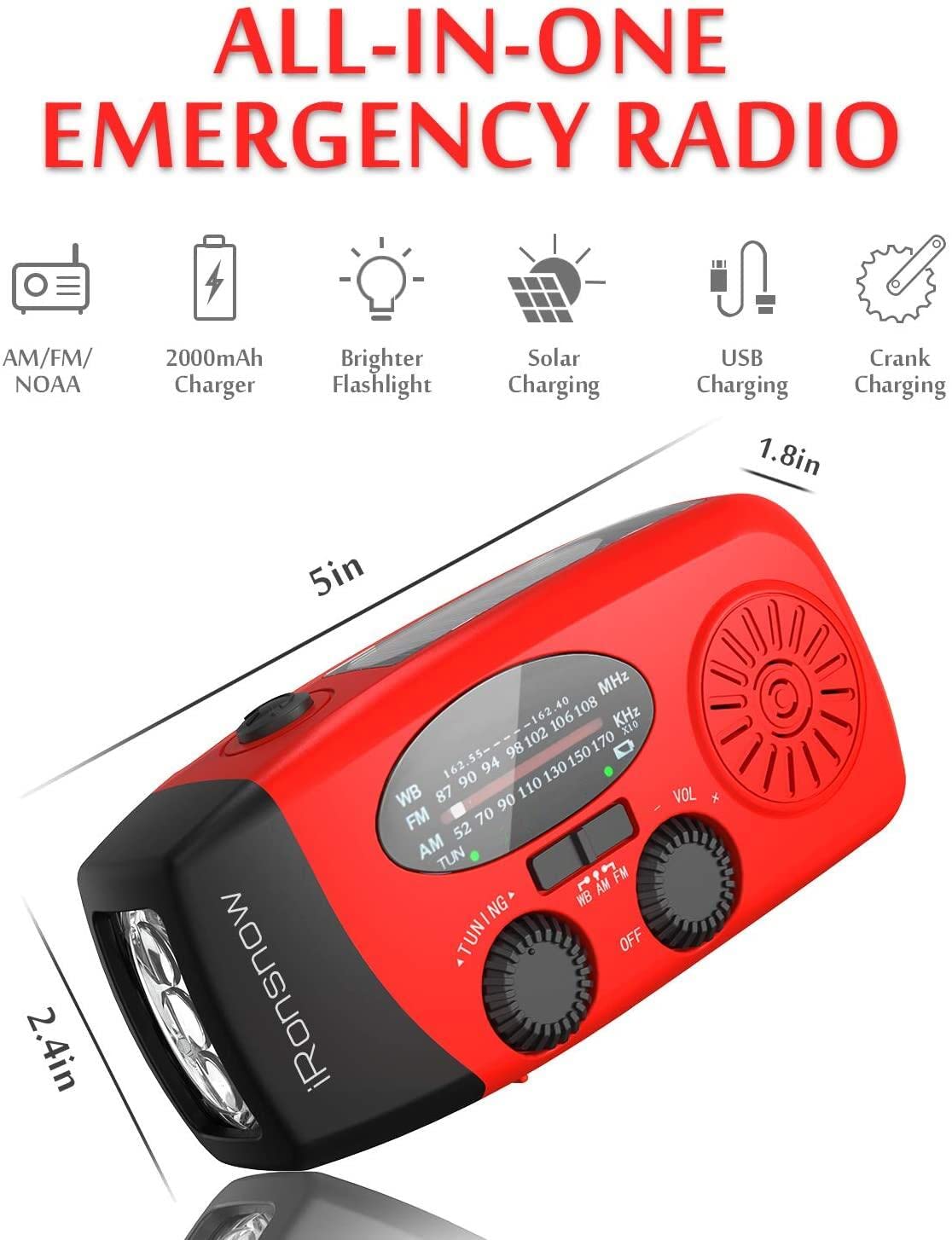 Solar Emergency Hand Crank Weather Radio, Portable Self Powered NOAA AM/FM Radios with SOS Alarm LED Flashlight 2000mAh Smart Phone USB Charger for Camping (Red)