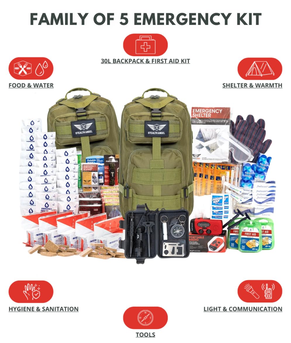 Stealth Angel Survival - 72 Hour Family Emergency Kit - 1-5 Person Survival Bag for Earthquakes, Hurricanes, and Other Natural Disasters