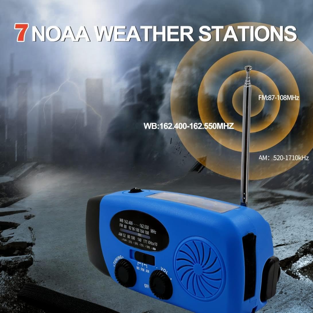 Solar Emergency Hand Crank Weather Radio, Portable Self Powered NOAA AM/FM Radios with SOS Alarm LED Flashlight 2000mAh Smart Phone USB Charger for Camping (Red)