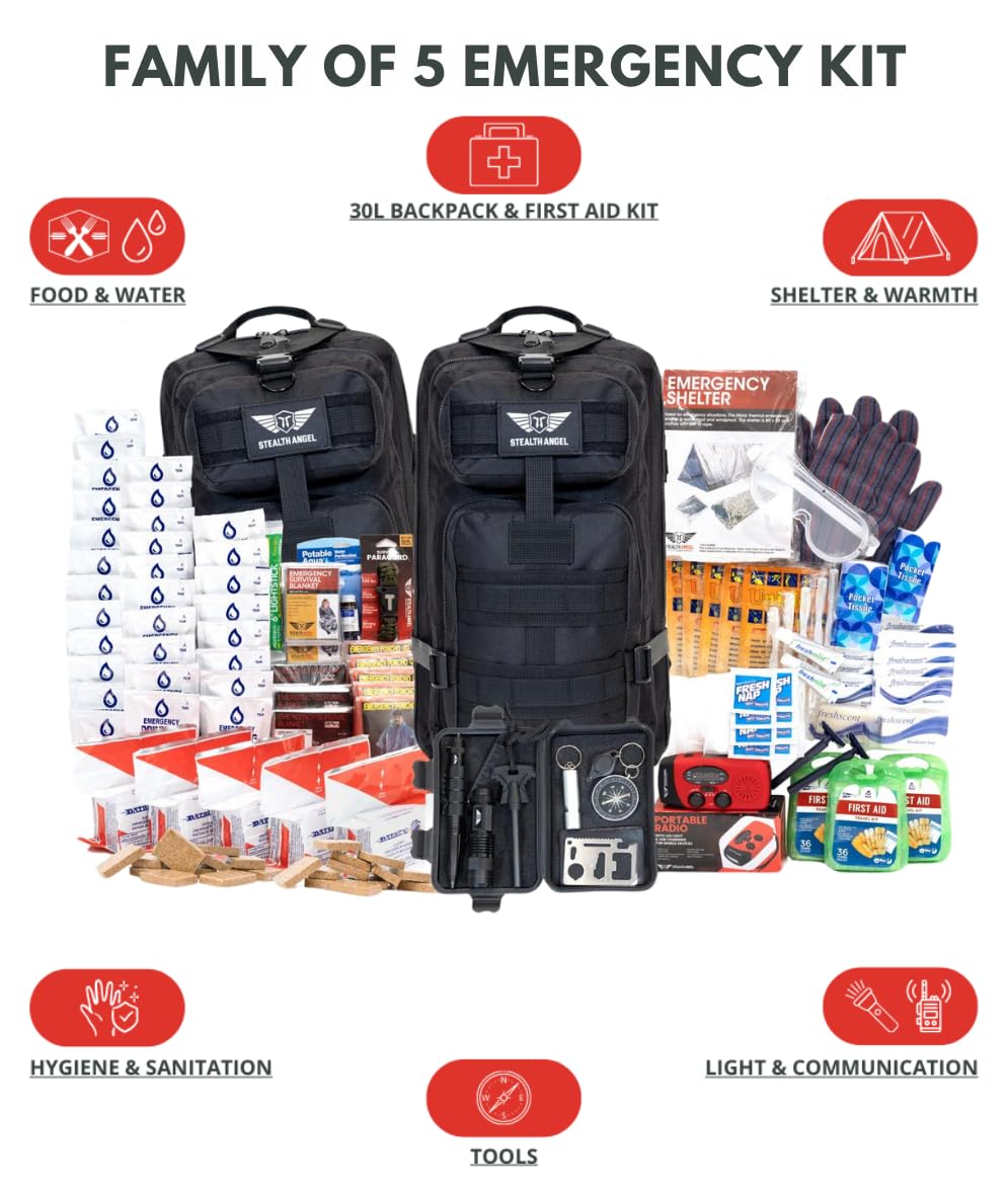 Stealth Angel Survival - 72 Hour Family Emergency Kit - 1-5 Person Survival Bag for Earthquakes, Hurricanes, and Other Natural Disasters
