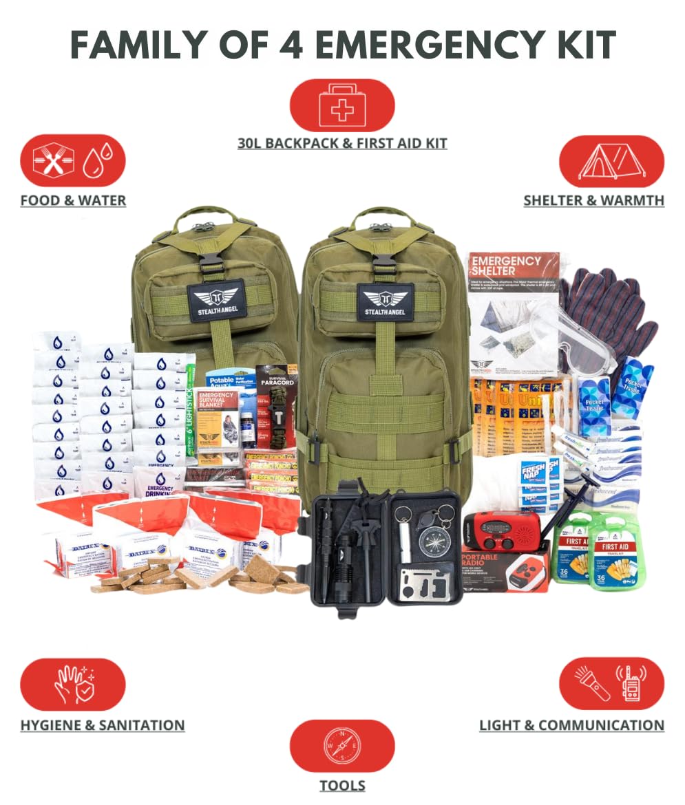Stealth Angel Survival - 72 Hour Family Emergency Kit - 1-5 Person Survival Bag for Earthquakes, Hurricanes, and Other Natural Disasters