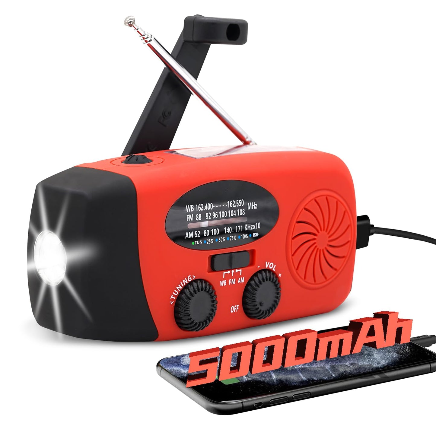 Solar Emergency Hand Crank Weather Radio, Portable Self Powered NOAA AM/FM Radios with SOS Alarm LED Flashlight 2000mAh Smart Phone USB Charger for Camping (Red)