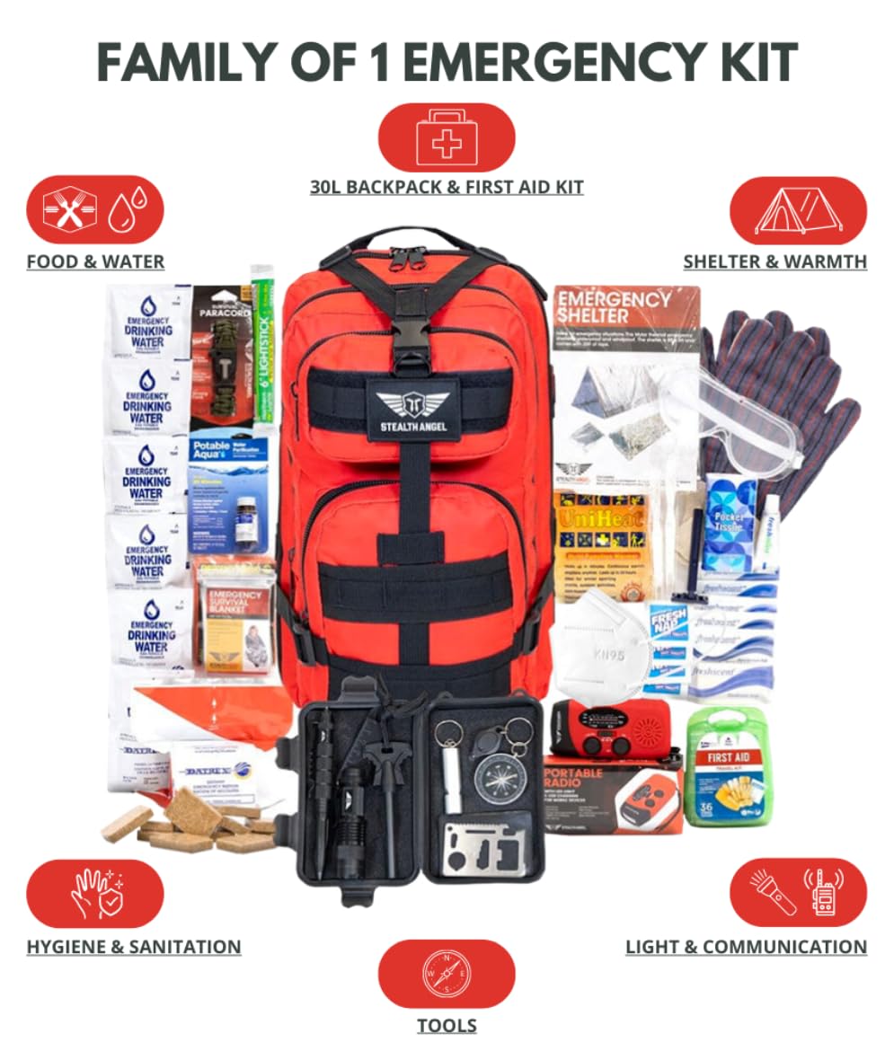 Stealth Angel Survival - 72 Hour Family Emergency Kit - 1-5 Person Survival Bag for Earthquakes, Hurricanes, and Other Natural Disasters