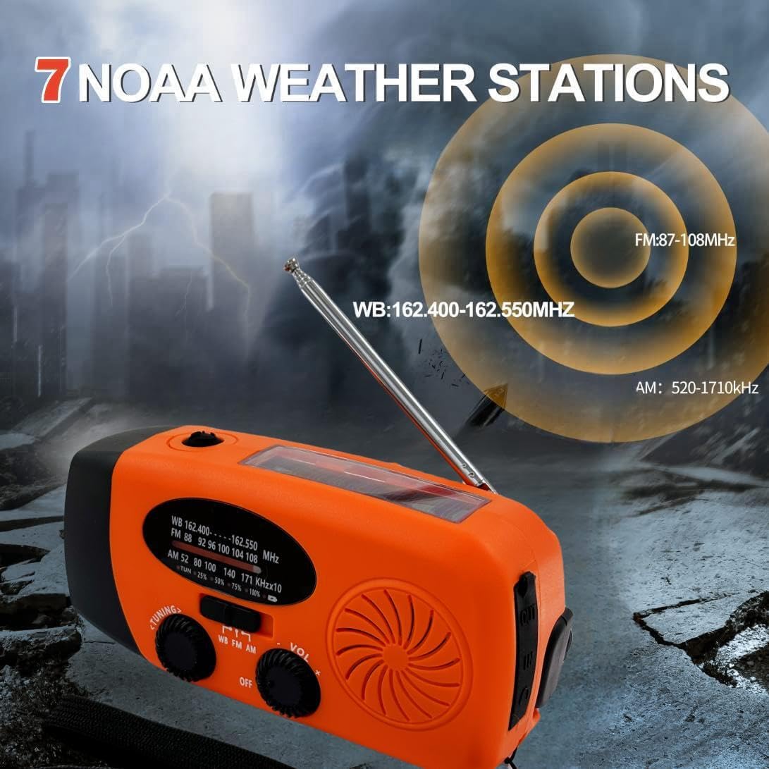 Solar Emergency Hand Crank Weather Radio, Portable Self Powered NOAA AM/FM Radios with SOS Alarm LED Flashlight 2000mAh Smart Phone USB Charger for Camping (Red)