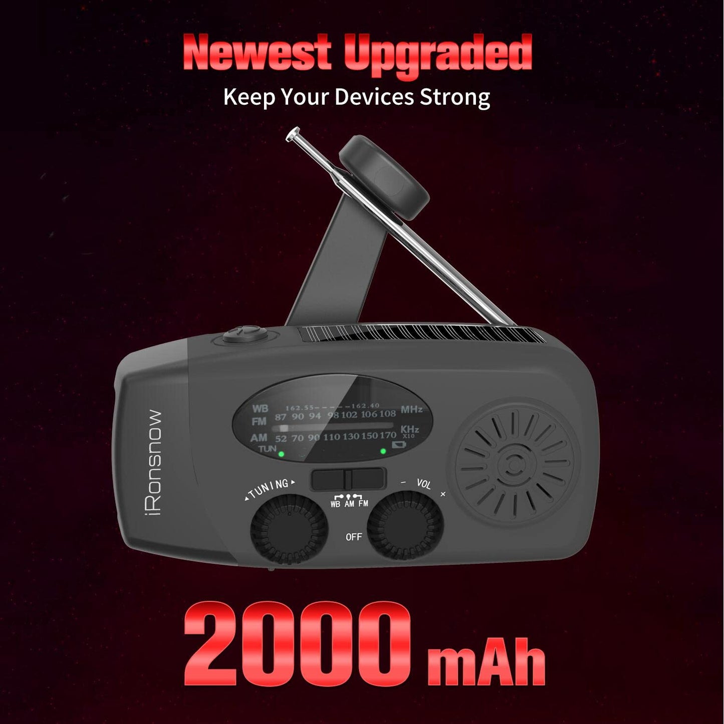 Solar Emergency Hand Crank Weather Radio, Portable Self Powered NOAA AM/FM Radios with SOS Alarm LED Flashlight 2000mAh Smart Phone USB Charger for Camping (Red)