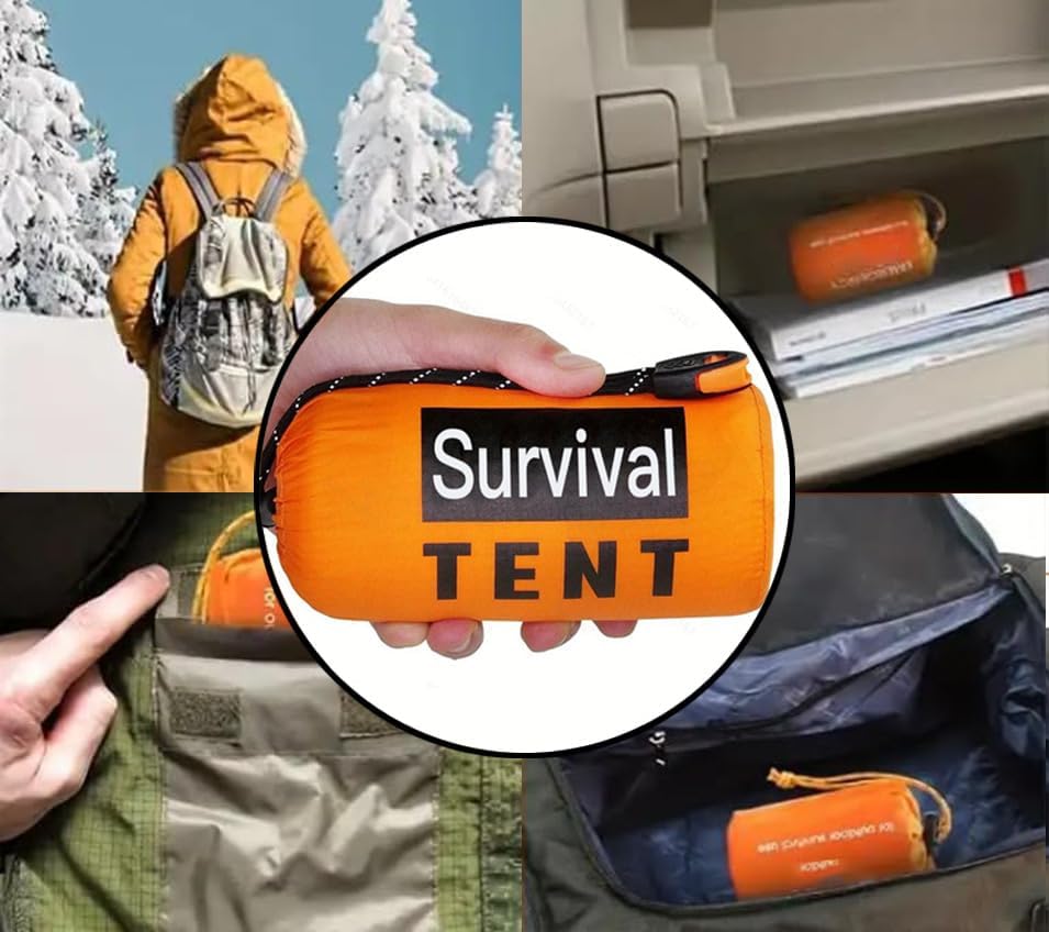 Emergency 2-Person Orange & Gray Survival Tent with Whistle & Paracord, Storm & Tornado Shelter, Tactical for Camping & Survival Kit
