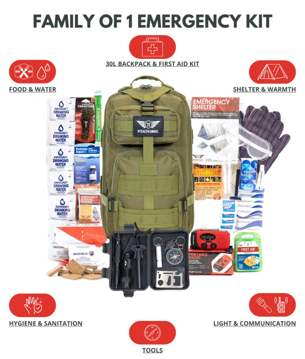 Stealth Angel Survival - 72 Hour Family Emergency Kit - 1-5 Person Survival Bag for Earthquakes, Hurricanes, and Other Natural Disasters