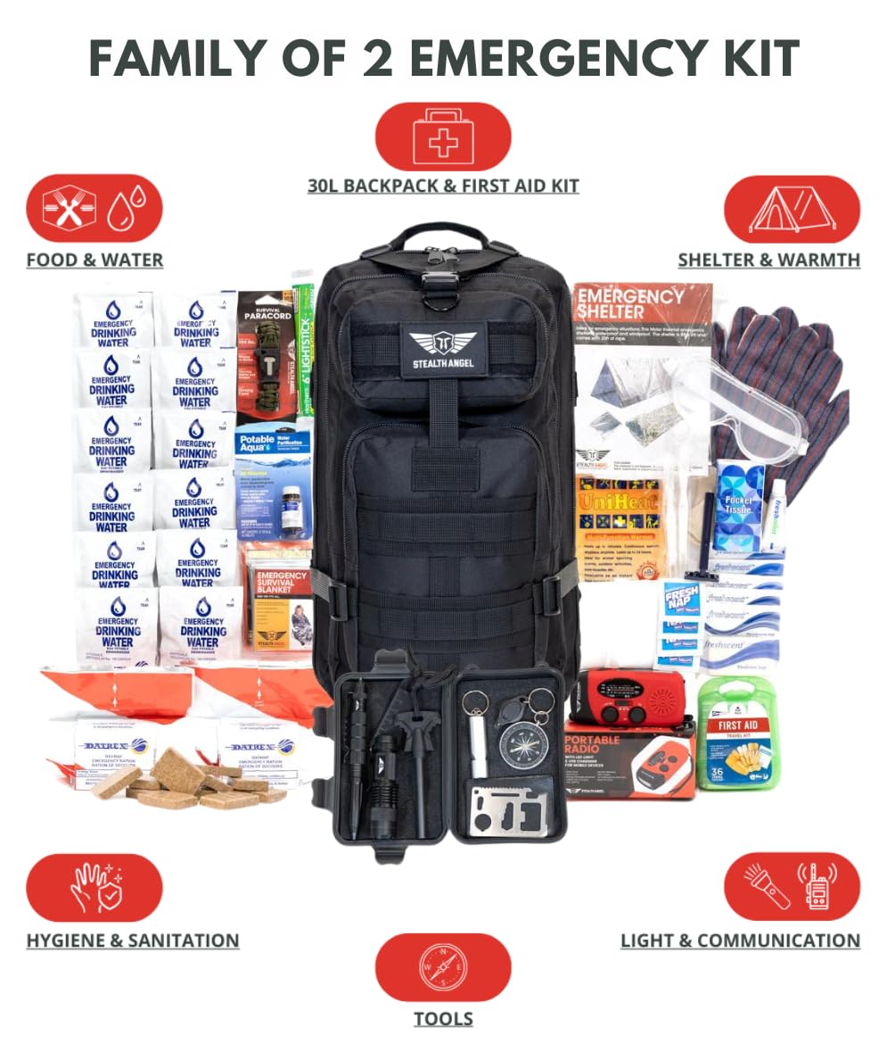 Stealth Angel Survival - 72 Hour Family Emergency Kit - 1-5 Person Survival Bag for Earthquakes, Hurricanes, and Other Natural Disasters