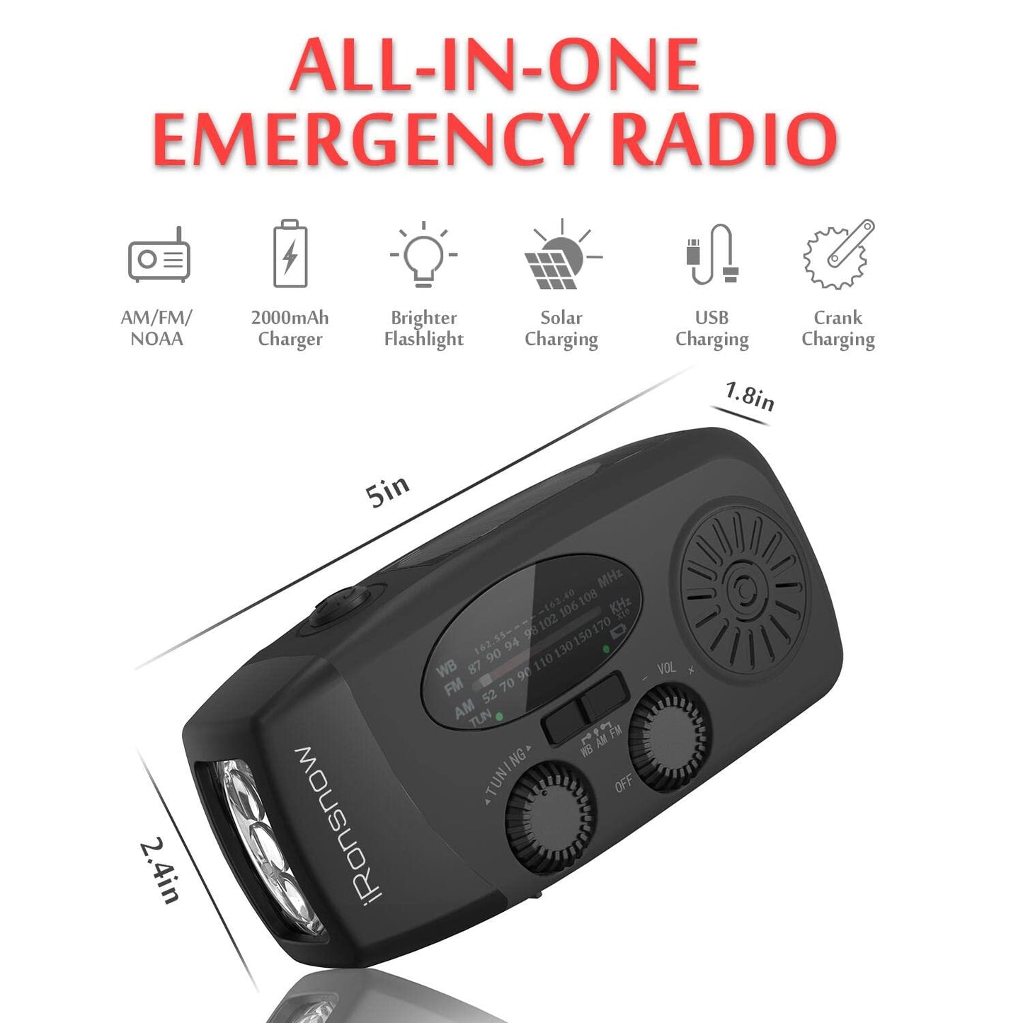 Solar Emergency Hand Crank Weather Radio, Portable Self Powered NOAA AM/FM Radios with SOS Alarm LED Flashlight 2000mAh Smart Phone USB Charger for Camping (Red)