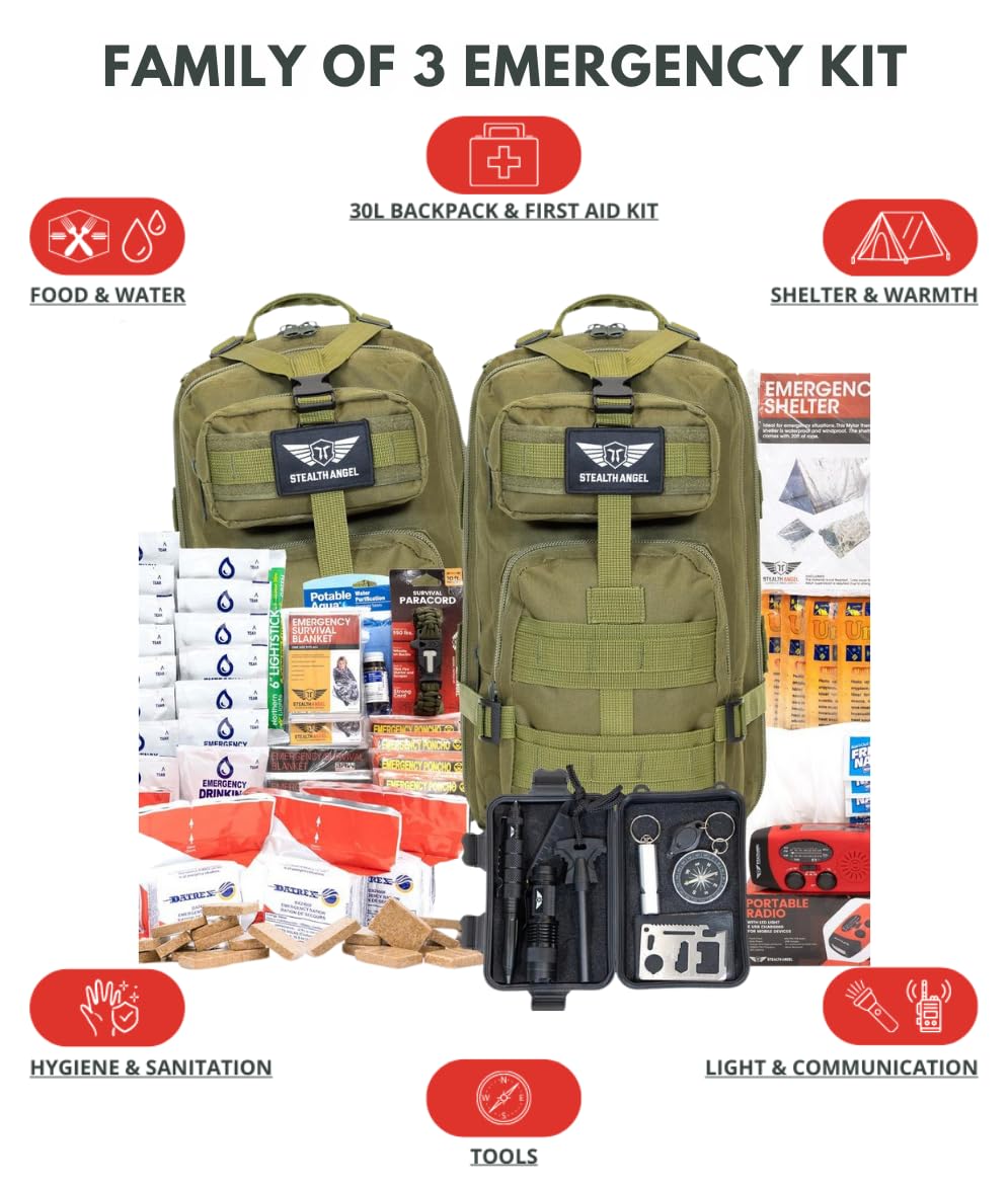 Stealth Angel Survival - 72 Hour Family Emergency Kit - 1-5 Person Survival Bag for Earthquakes, Hurricanes, and Other Natural Disasters