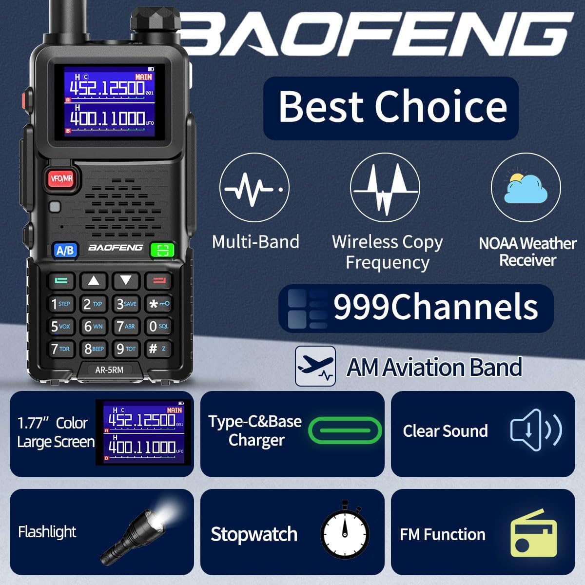 Ham Radio Baofeng Radio Long Range AR-5RM 10W Handheld NOAA Emergency Weather Radio 999CH Rechargeable Walkie Talkies with Programming Cable,USB-C Charging for Survival Gear Hunting Camping,2 Pack