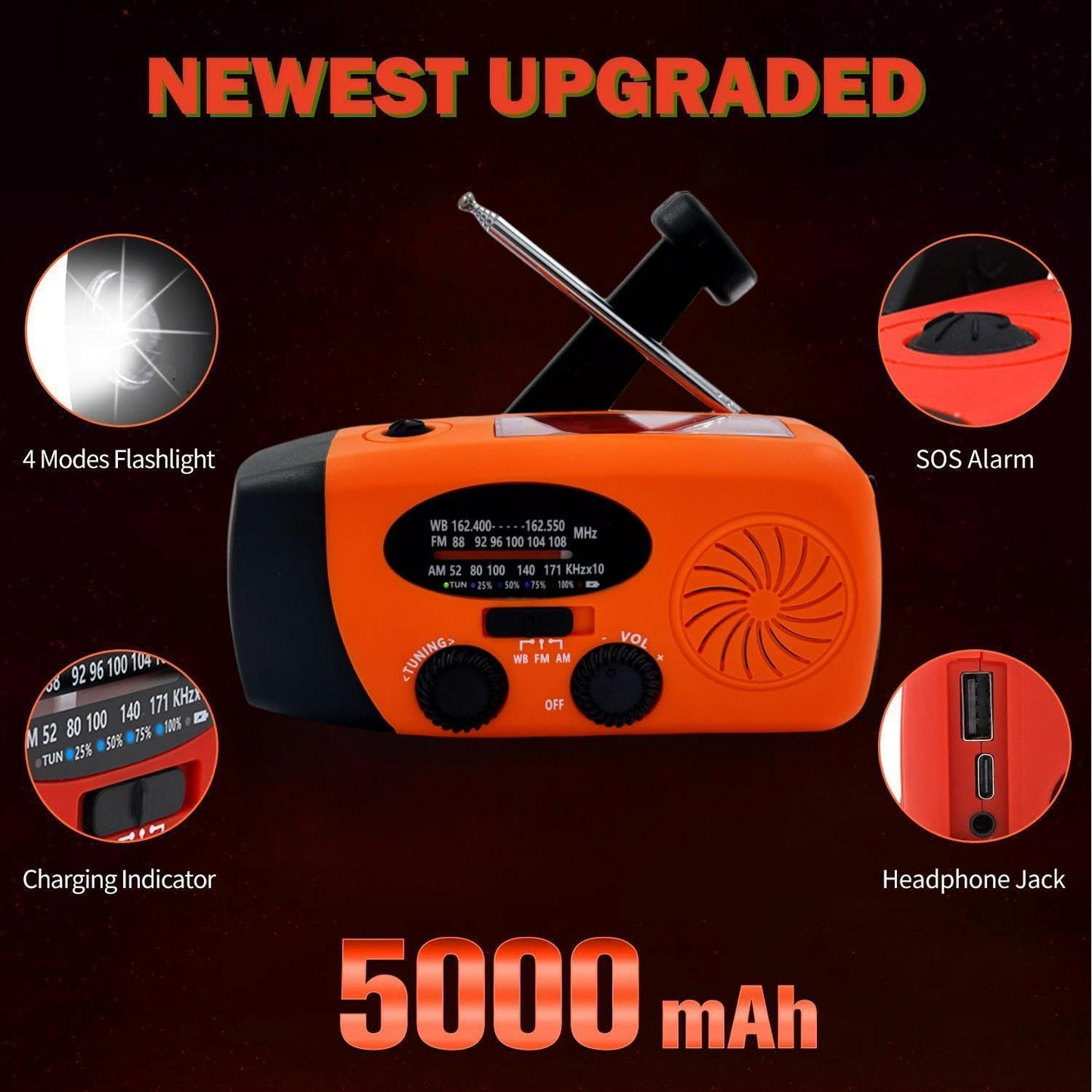 Solar Emergency Hand Crank Weather Radio, Portable Self Powered NOAA AM/FM Radios with SOS Alarm LED Flashlight 2000mAh Smart Phone USB Charger for Camping (Red)