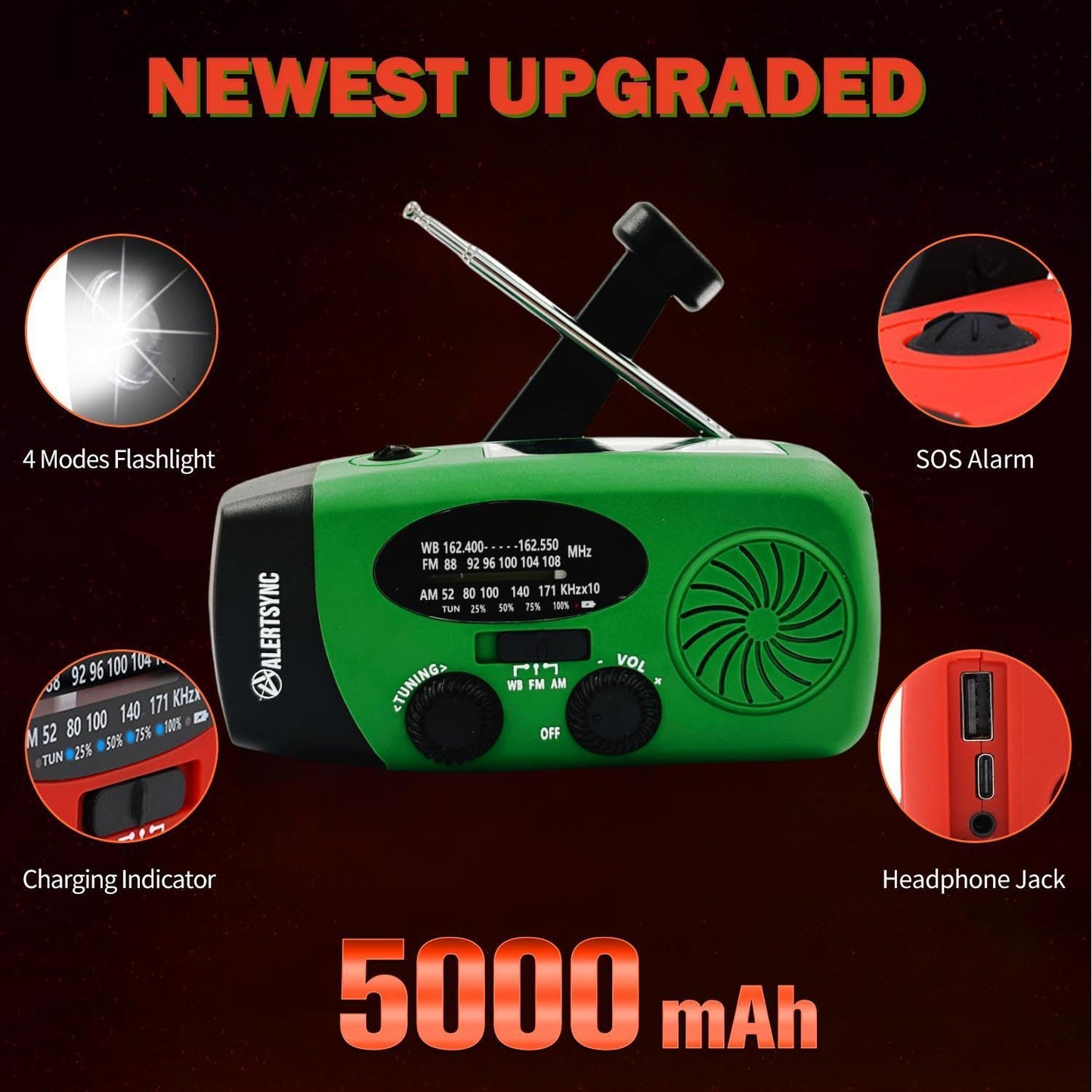 Solar Emergency Hand Crank Weather Radio, Portable Self Powered NOAA AM/FM Radios with SOS Alarm LED Flashlight 2000mAh Smart Phone USB Charger for Camping (Red)