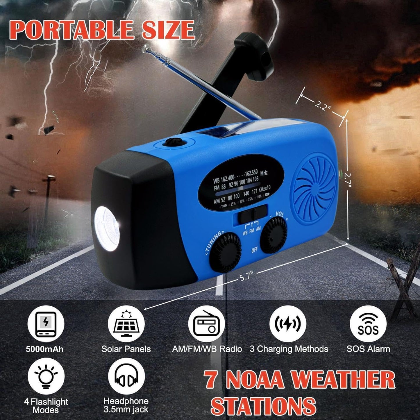 Solar Emergency Hand Crank Weather Radio, Portable Self Powered NOAA AM/FM Radios with SOS Alarm LED Flashlight 2000mAh Smart Phone USB Charger for Camping (Red)