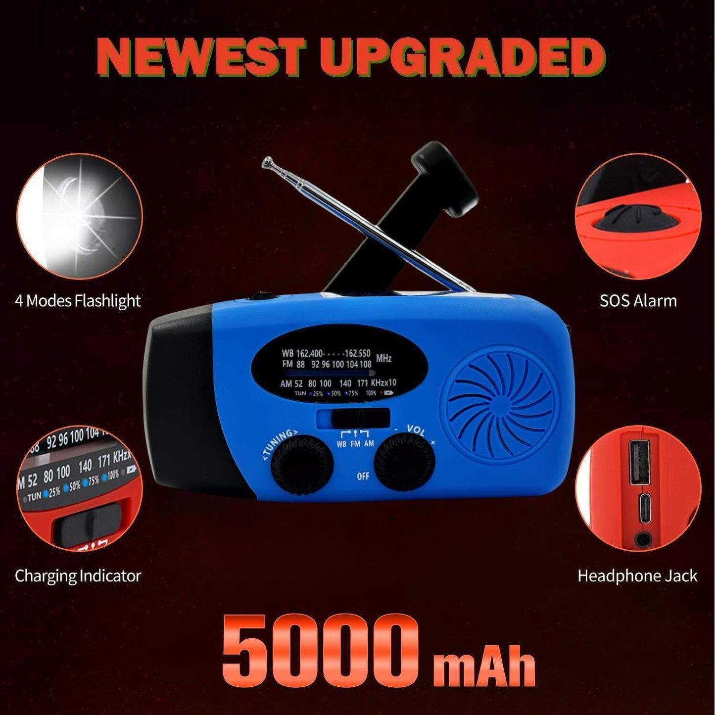 Solar Emergency Hand Crank Weather Radio, Portable Self Powered NOAA AM/FM Radios with SOS Alarm LED Flashlight 2000mAh Smart Phone USB Charger for Camping (Red)