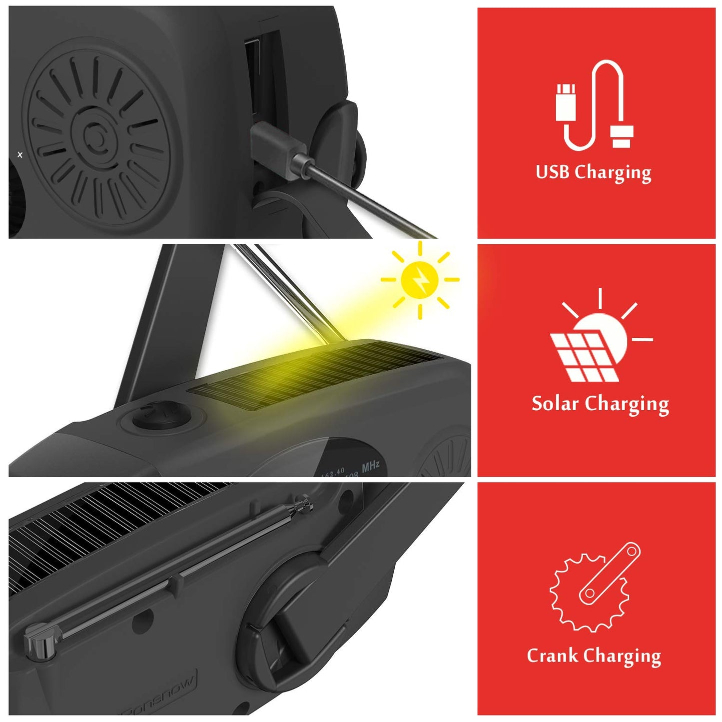 Solar Emergency Hand Crank Weather Radio, Portable Self Powered NOAA AM/FM Radios with SOS Alarm LED Flashlight 2000mAh Smart Phone USB Charger for Camping (Red)