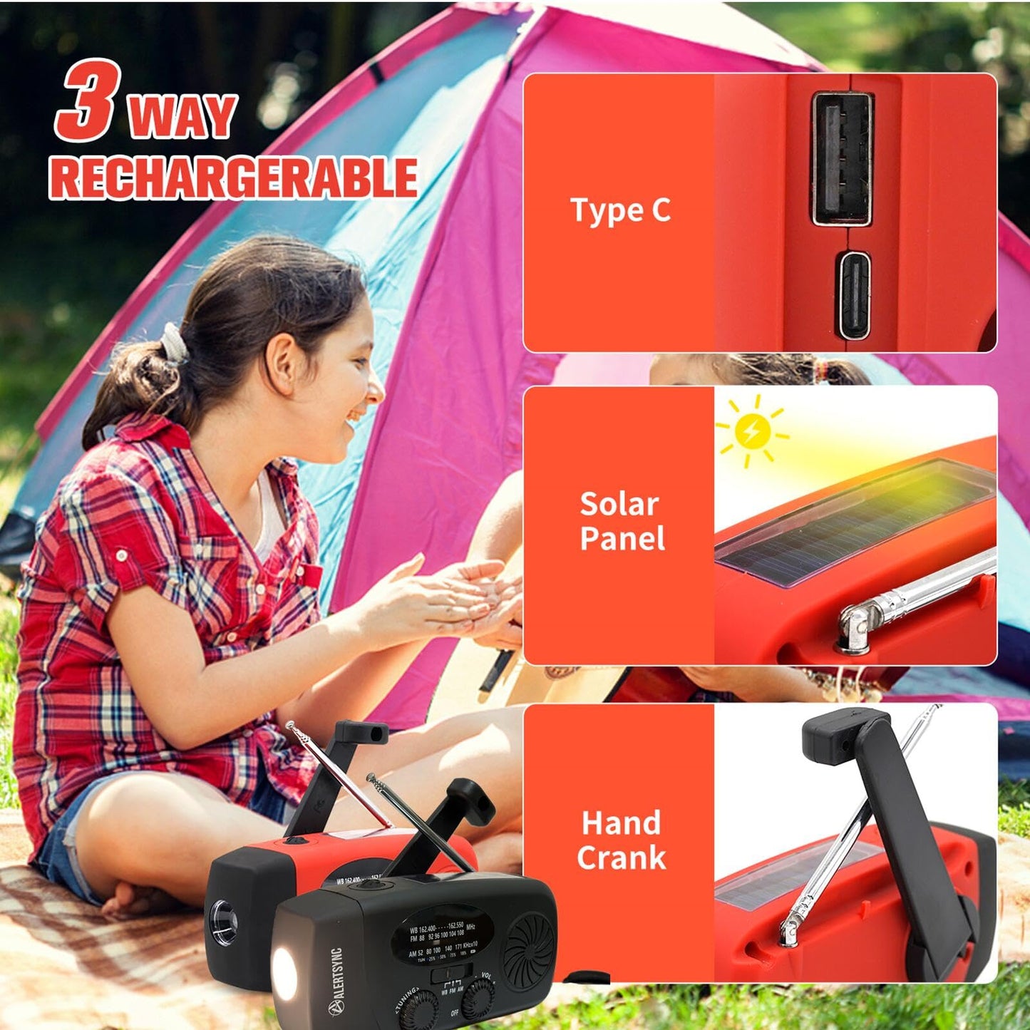 Solar Emergency Hand Crank Weather Radio, Portable Self Powered NOAA AM/FM Radios with SOS Alarm LED Flashlight 2000mAh Smart Phone USB Charger for Camping (Red)
