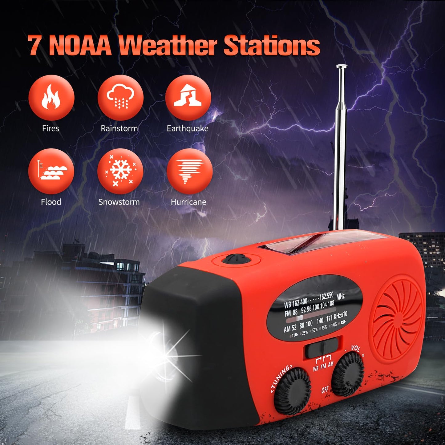 Solar Emergency Hand Crank Weather Radio, Portable Self Powered NOAA AM/FM Radios with SOS Alarm LED Flashlight 2000mAh Smart Phone USB Charger for Camping (Red)