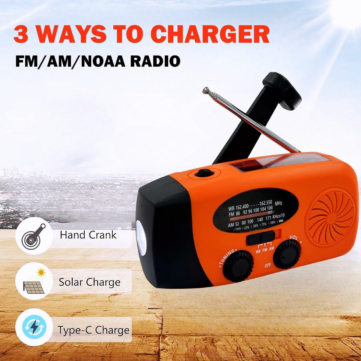 Solar Emergency Hand Crank Weather Radio, Portable Self Powered NOAA AM/FM Radios with SOS Alarm LED Flashlight 2000mAh Smart Phone USB Charger for Camping (Red)