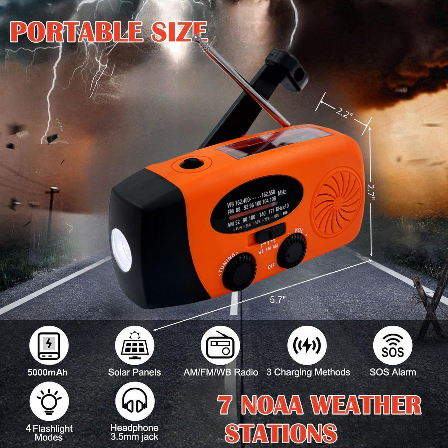 Solar Emergency Hand Crank Weather Radio, Portable Self Powered NOAA AM/FM Radios with SOS Alarm LED Flashlight 2000mAh Smart Phone USB Charger for Camping (Red)