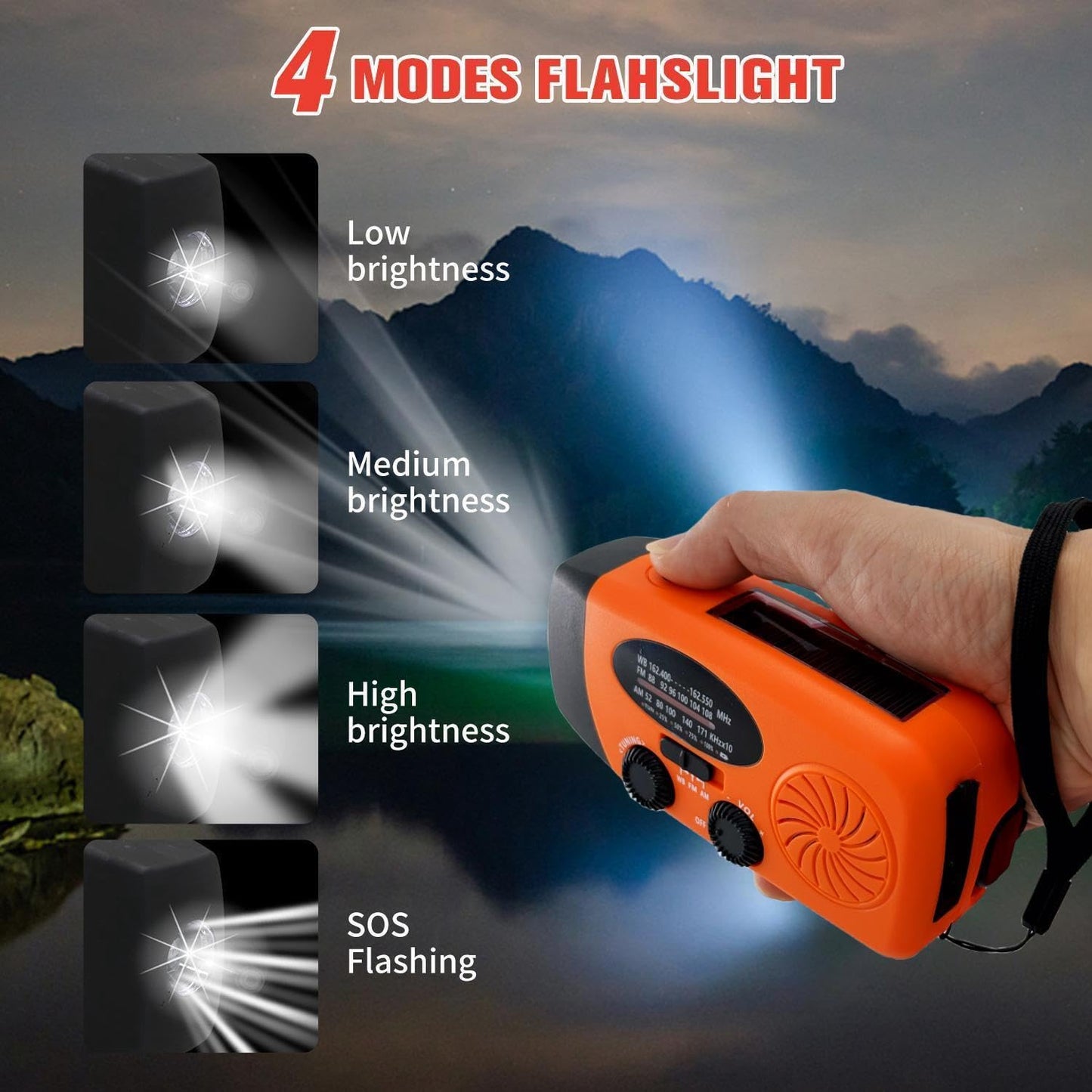 Solar Emergency Hand Crank Weather Radio, Portable Self Powered NOAA AM/FM Radios with SOS Alarm LED Flashlight 2000mAh Smart Phone USB Charger for Camping (Red)
