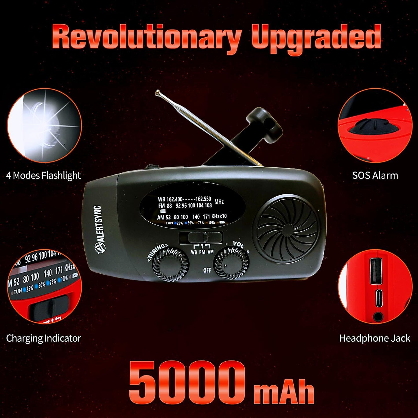 Solar Emergency Hand Crank Weather Radio, Portable Self Powered NOAA AM/FM Radios with SOS Alarm LED Flashlight 2000mAh Smart Phone USB Charger for Camping (Red)