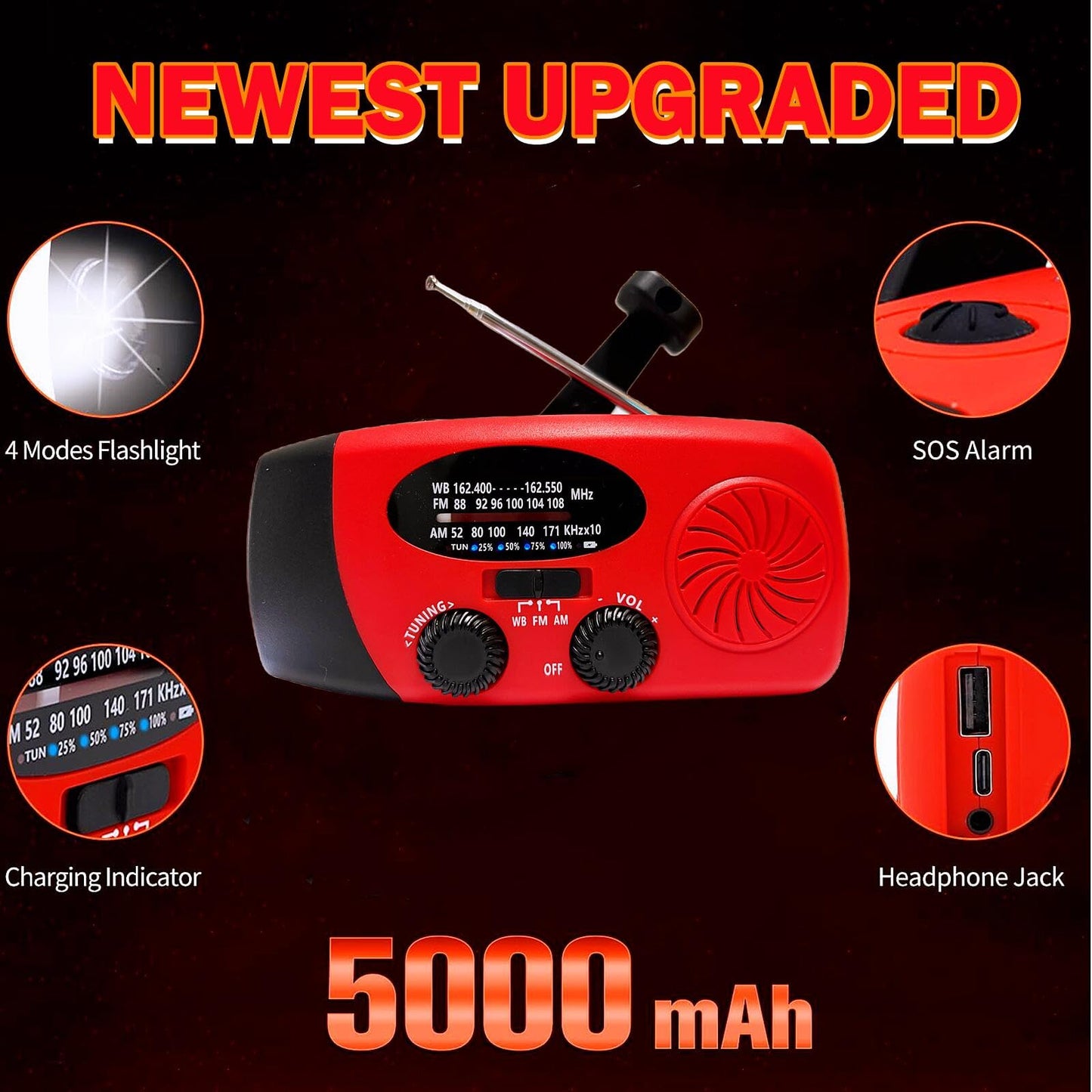 Solar Emergency Hand Crank Weather Radio, Portable Self Powered NOAA AM/FM Radios with SOS Alarm LED Flashlight 2000mAh Smart Phone USB Charger for Camping (Red)