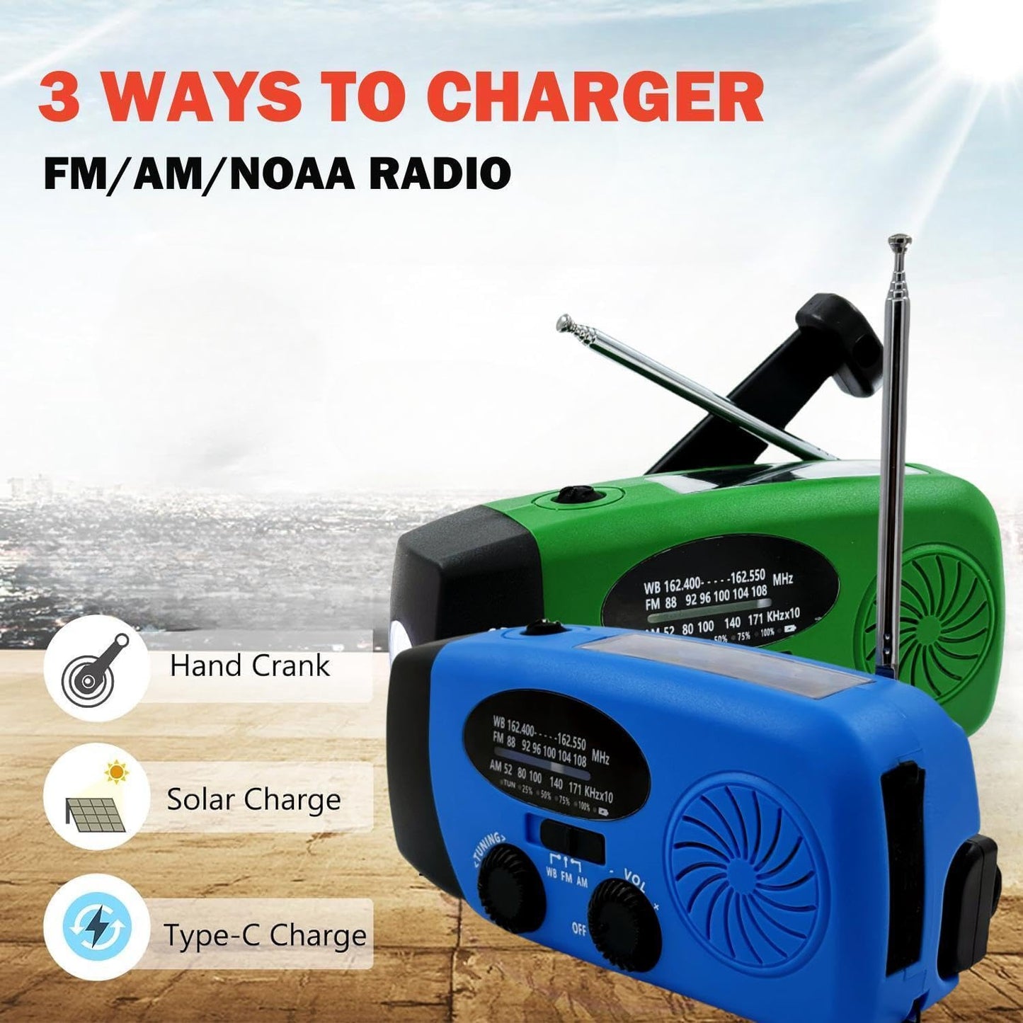 Solar Emergency Hand Crank Weather Radio, Portable Self Powered NOAA AM/FM Radios with SOS Alarm LED Flashlight 2000mAh Smart Phone USB Charger for Camping (Red)