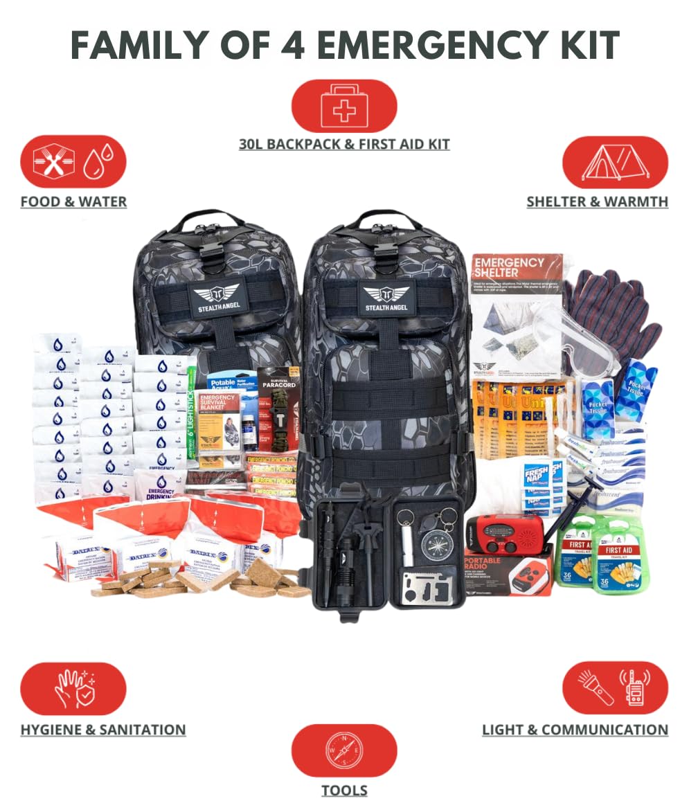 Stealth Angel Survival - 72 Hour Family Emergency Kit - 1-5 Person Survival Bag for Earthquakes, Hurricanes, and Other Natural Disasters