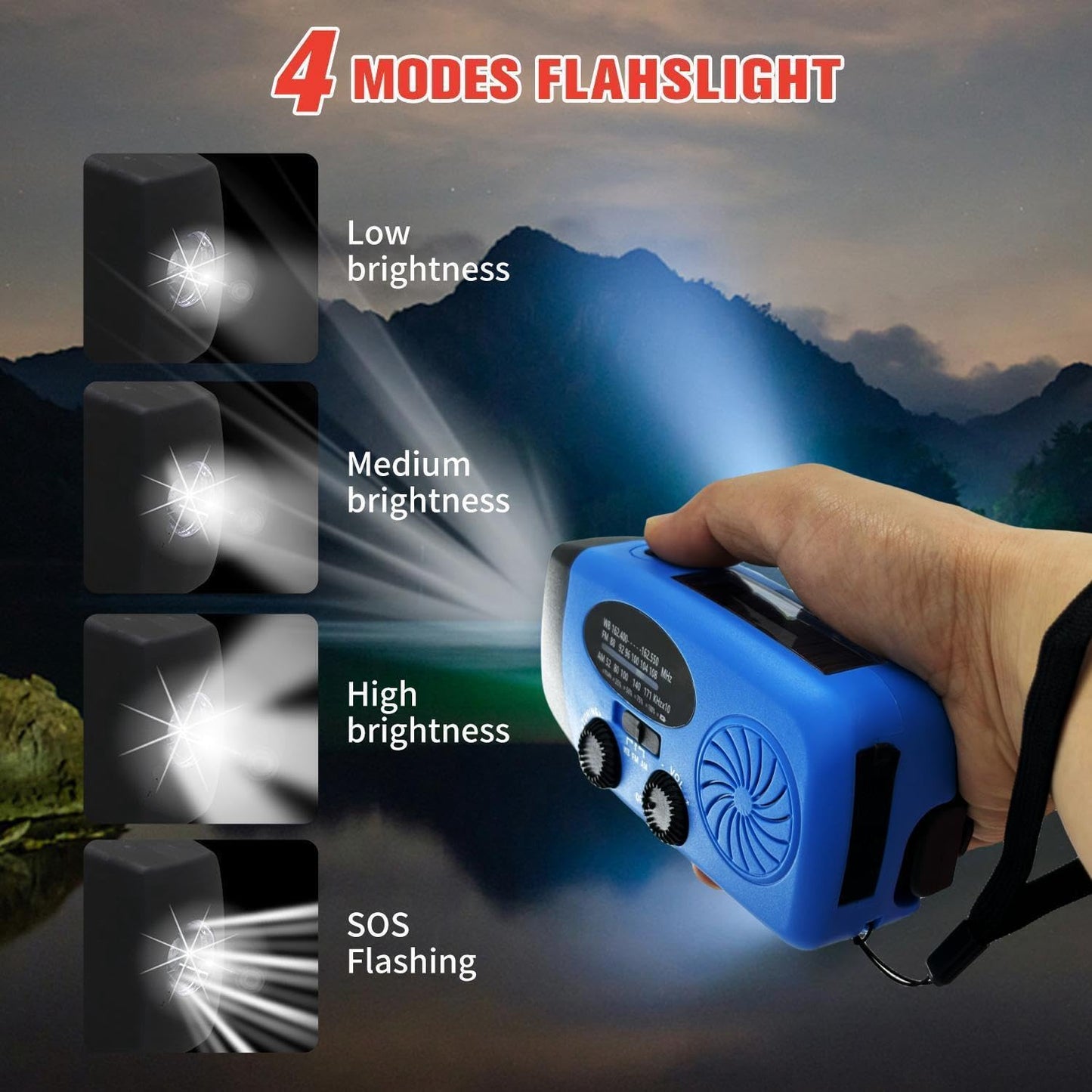 Solar Emergency Hand Crank Weather Radio, Portable Self Powered NOAA AM/FM Radios with SOS Alarm LED Flashlight 2000mAh Smart Phone USB Charger for Camping (Red)