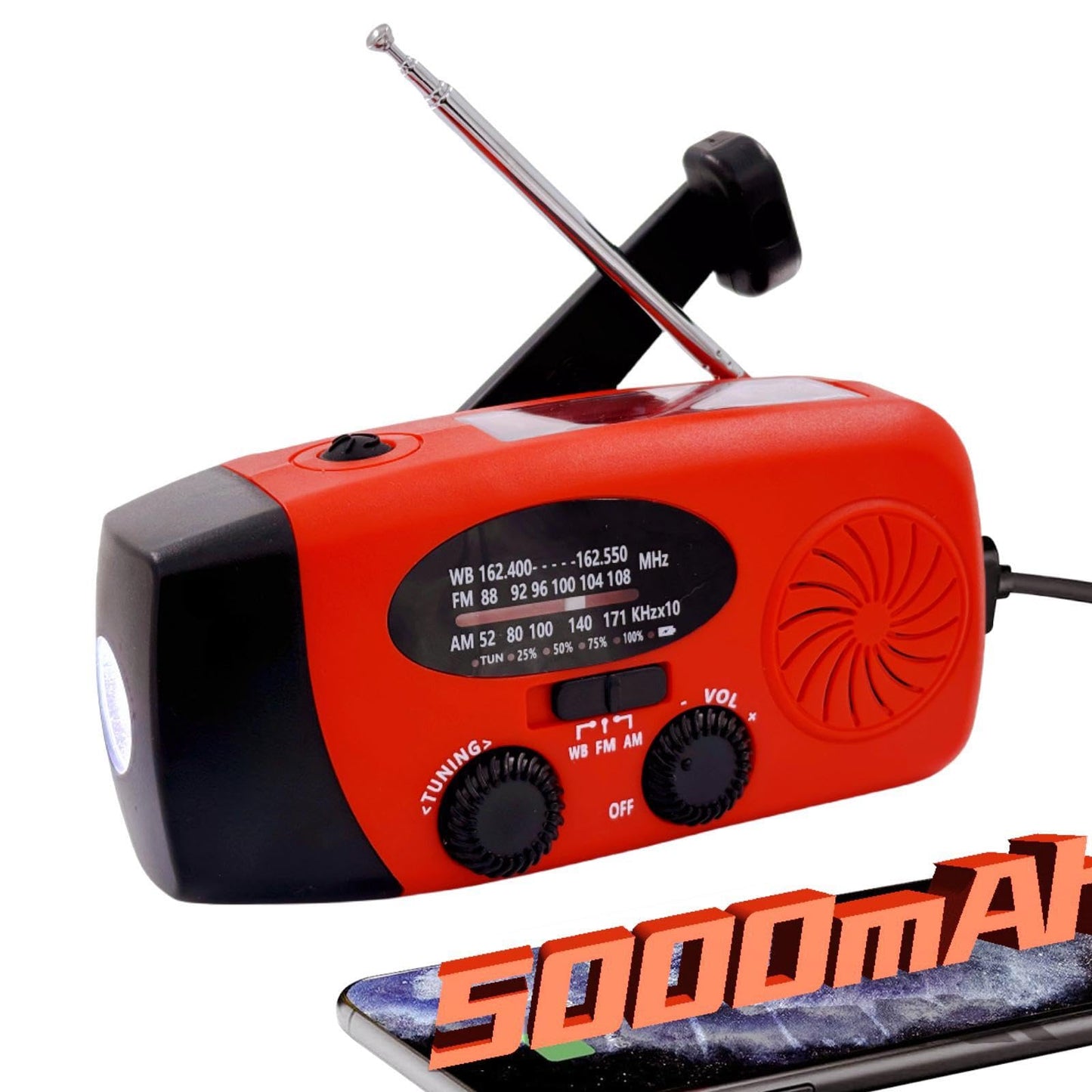 Solar Emergency Hand Crank Weather Radio, Portable Self Powered NOAA AM/FM Radios with SOS Alarm LED Flashlight 2000mAh Smart Phone USB Charger for Camping (Red)