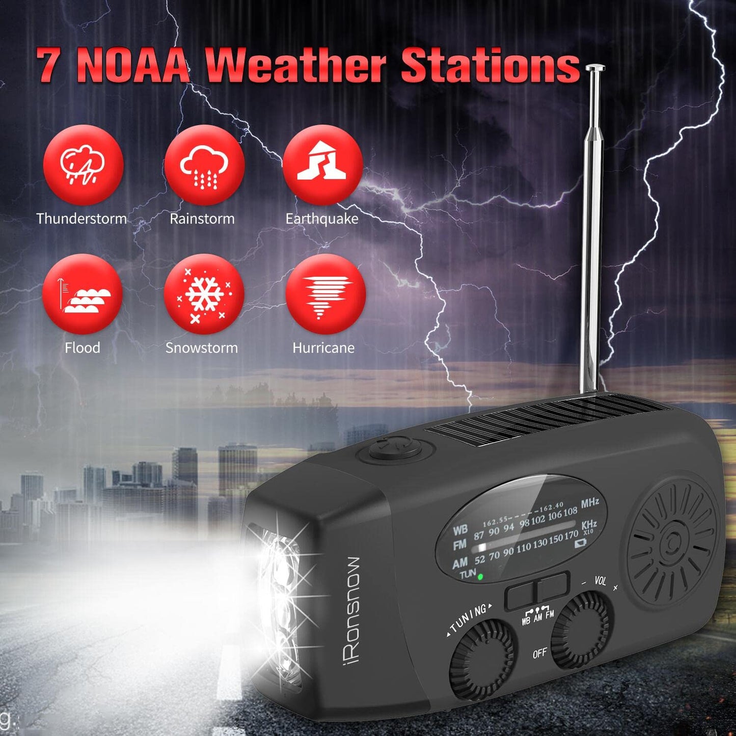 Solar Emergency Hand Crank Weather Radio, Portable Self Powered NOAA AM/FM Radios with SOS Alarm LED Flashlight 2000mAh Smart Phone USB Charger for Camping (Red)