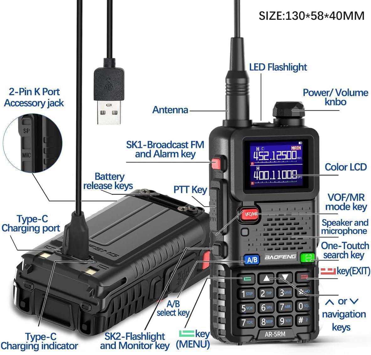 Ham Radio Baofeng Radio Long Range AR-5RM 10W Handheld NOAA Emergency Weather Radio 999CH Rechargeable Walkie Talkies with Programming Cable,USB-C Charging for Survival Gear Hunting Camping,2 Pack