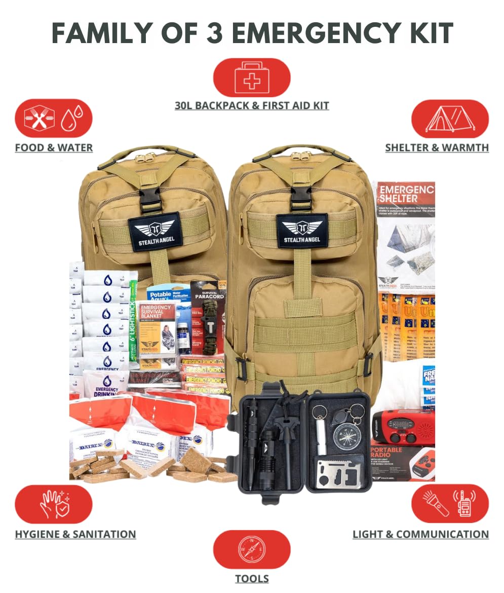 Stealth Angel Survival - 72 Hour Family Emergency Kit - 1-5 Person Survival Bag for Earthquakes, Hurricanes, and Other Natural Disasters