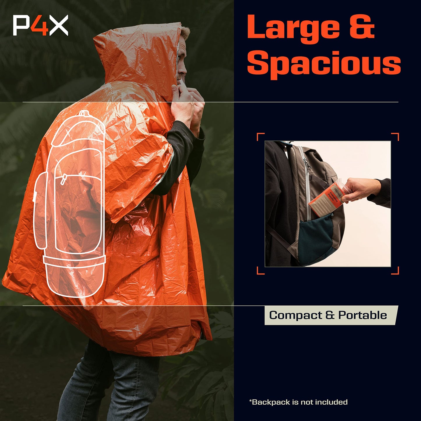PREPARED4X Emergency Poncho and Mylar Blanket Liner - Waterproof, Wind-Resistant Outdoor Rain Poncho for Camping, Emergencies