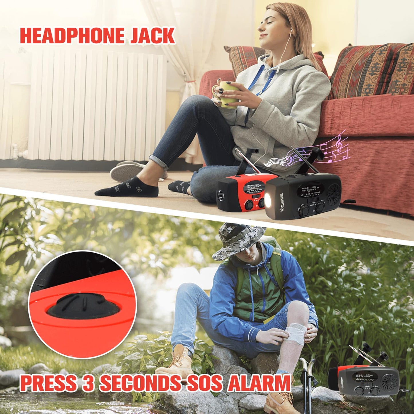 Solar Emergency Hand Crank Weather Radio, Portable Self Powered NOAA AM/FM Radios with SOS Alarm LED Flashlight 2000mAh Smart Phone USB Charger for Camping (Red)