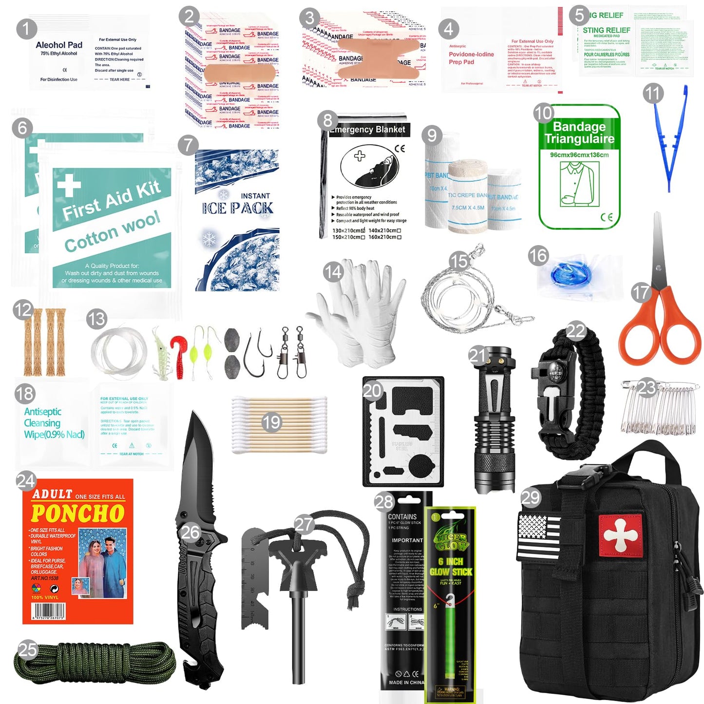 Survival Kits, 174Pcs Survival Gear First Aid Kit IFAK with Molle System Essential Camping Gear Emergency Medical Supplies for Car Fishing Hunting Outdoor Adventure