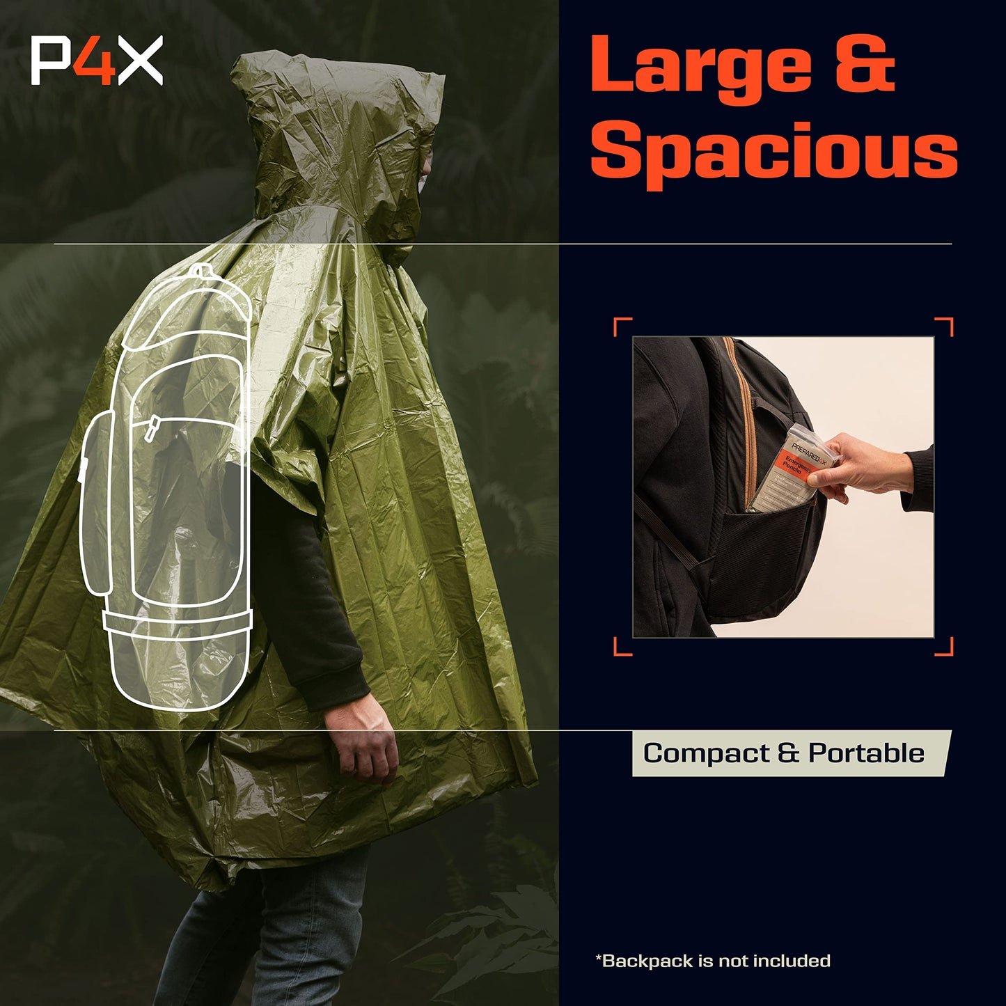 PREPARED4X Emergency Poncho and Mylar Blanket Liner - Waterproof, Wind-Resistant Outdoor Rain Poncho for Camping, Emergencies