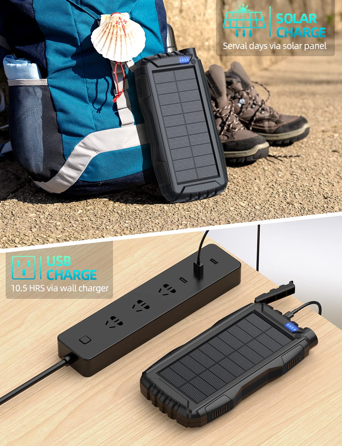 Power-Bank-Solar-Charger - 42800mAh Portable Charger,Solar Power Bank,External Battery Pack 5V3.1A Qc 3.0 Fast Charger Built-in Super Bright Flashlight (Orange)