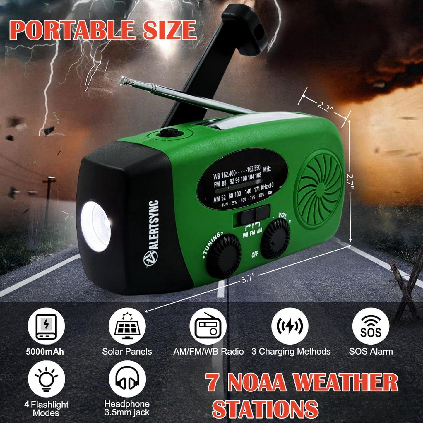 Solar Emergency Hand Crank Weather Radio, Portable Self Powered NOAA AM/FM Radios with SOS Alarm LED Flashlight 2000mAh Smart Phone USB Charger for Camping (Red)