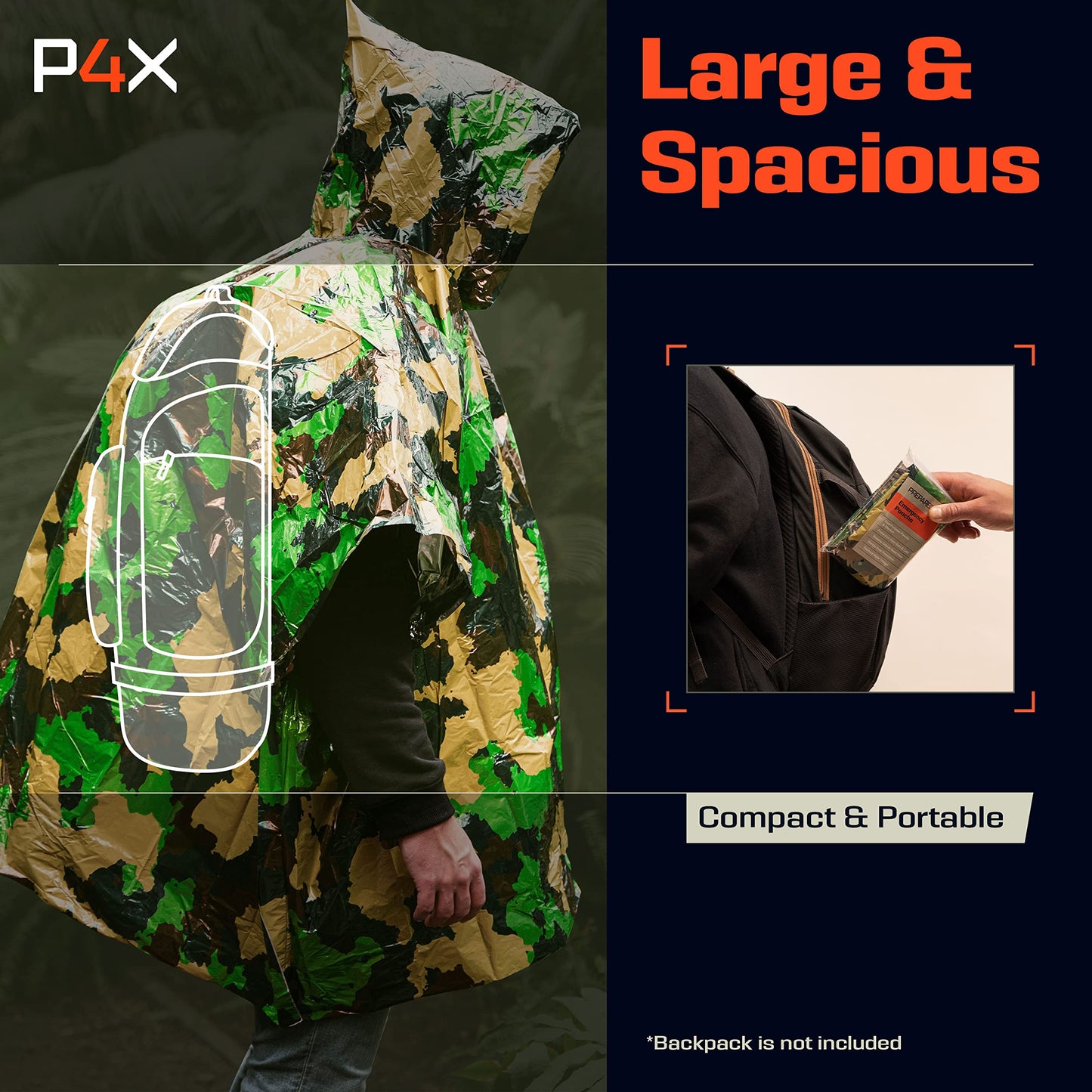 PREPARED4X Emergency Poncho and Mylar Blanket Liner - Waterproof, Wind-Resistant Outdoor Rain Poncho for Camping, Emergencies