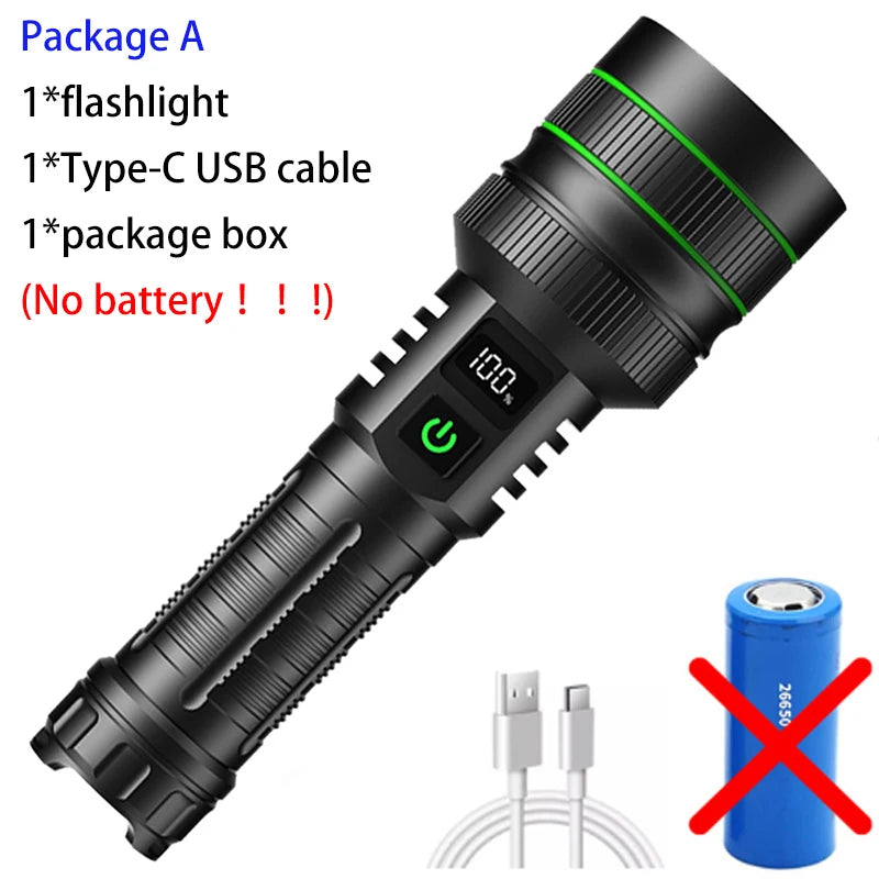 20000000LM Most Powerful LED Flashlight Rechargeable Type-c Flashlight Long Range 2000M Tactical Torch Light For Fishing Hunting