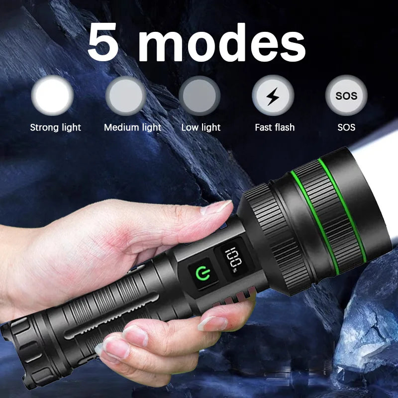 20000000LM Most Powerful LED Flashlight Rechargeable Type-c Flashlight Long Range 2000M Tactical Torch Light For Fishing Hunting