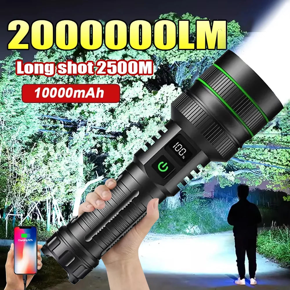 20000000LM Most Powerful LED Flashlight Rechargeable Type-c Flashlight Long Range 2000M Tactical Torch Light For Fishing Hunting