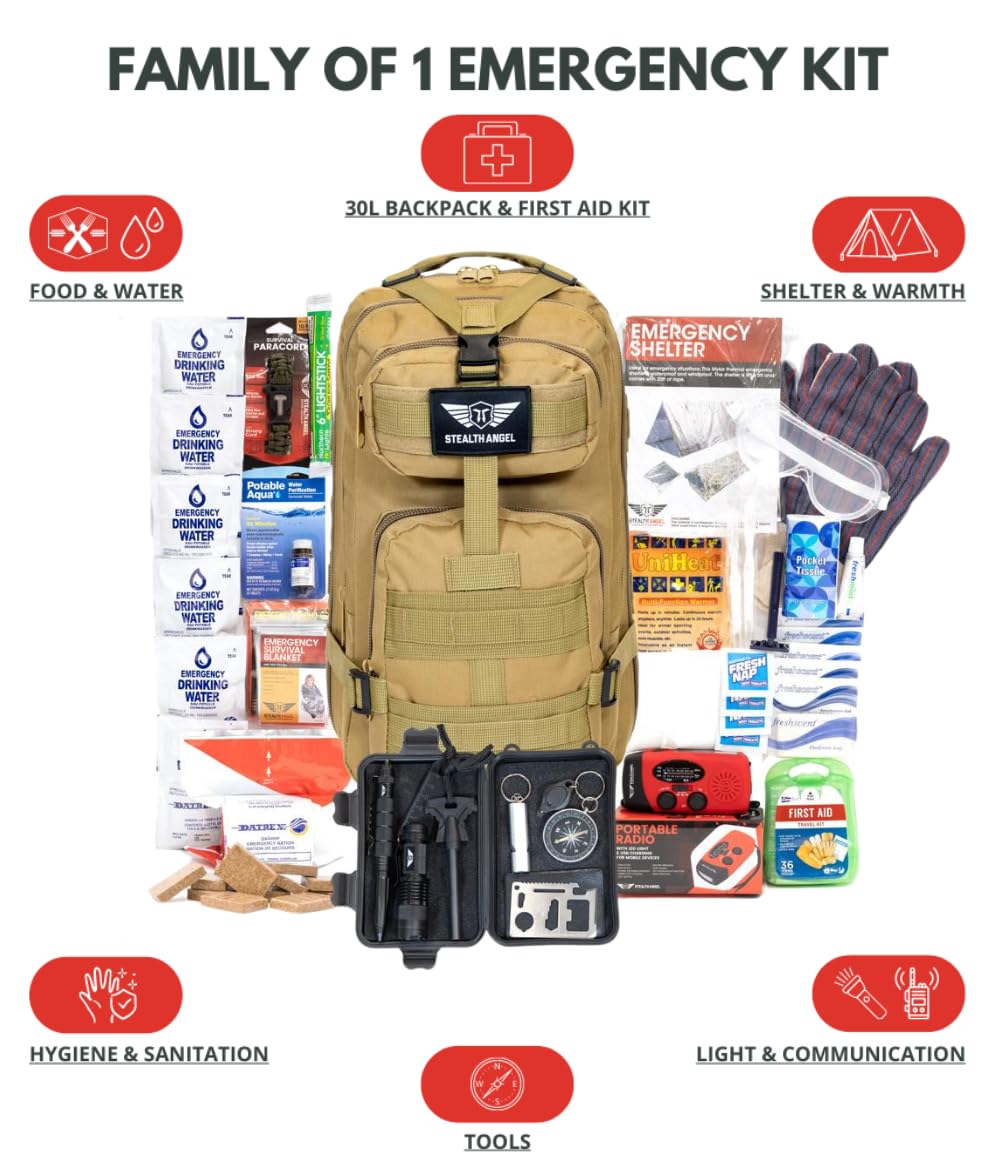 Stealth Angel Survival - 72 Hour Family Emergency Kit - 1-5 Person Survival Bag for Earthquakes, Hurricanes, and Other Natural Disasters