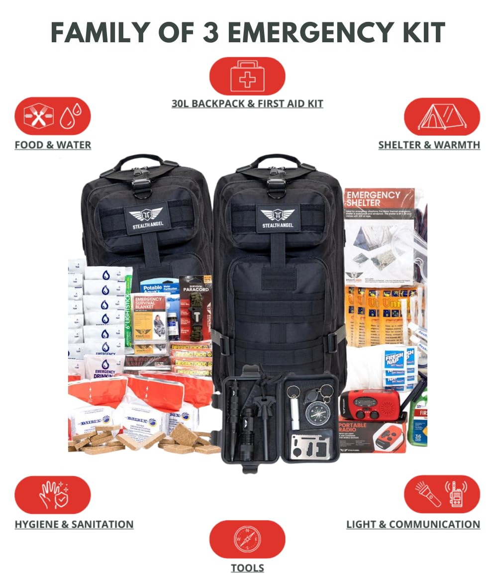 Stealth Angel Survival - 72 Hour Family Emergency Kit - 1-5 Person Survival Bag for Earthquakes, Hurricanes, and Other Natural Disasters