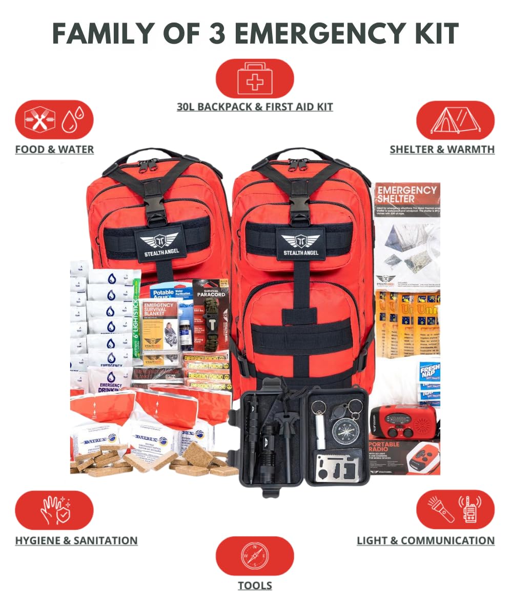 Stealth Angel Survival - 72 Hour Family Emergency Kit - 1-5 Person Survival Bag for Earthquakes, Hurricanes, and Other Natural Disasters